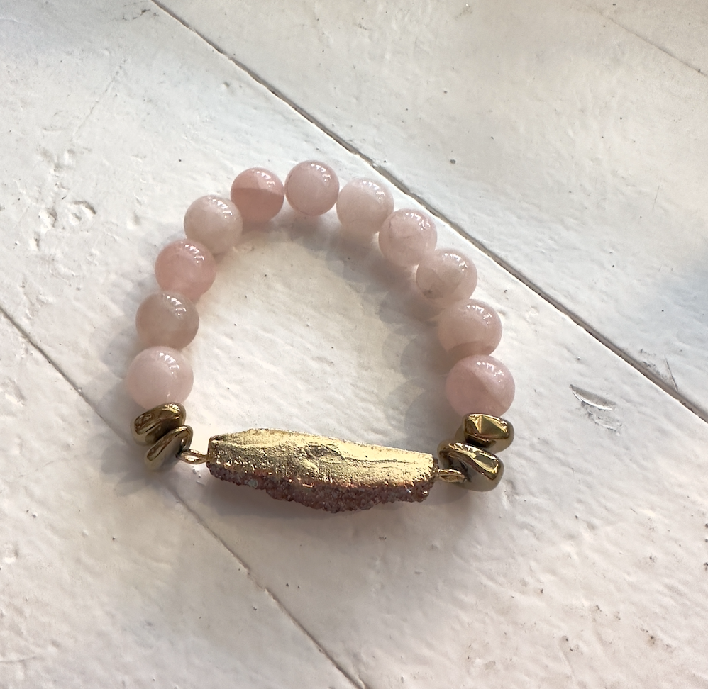 Pink Quartz W/ Peach Druzy Bar Bracelet