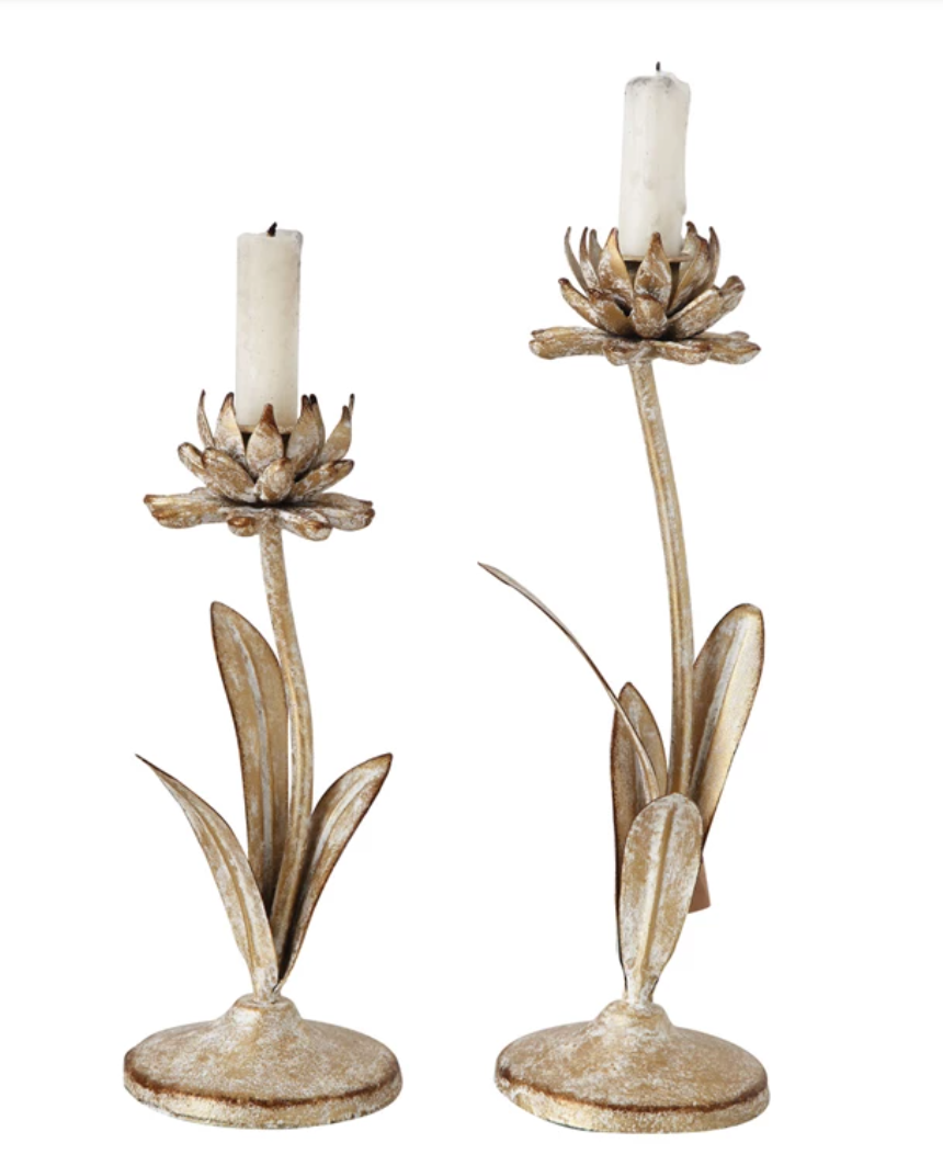 Gold Flower Metal Taper Holder Set of 2