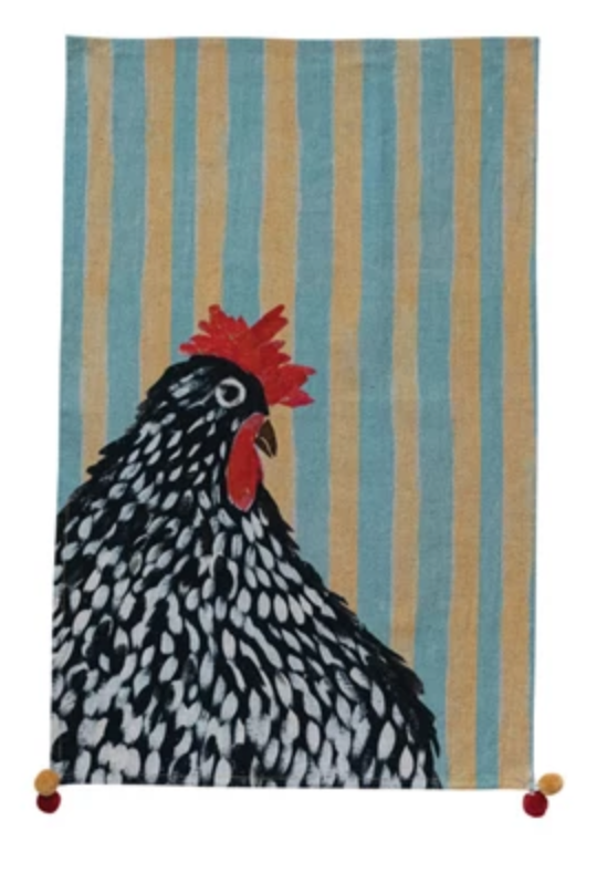 Cotton & Linen Printed Tea Towel with Pom Poms/Tassels