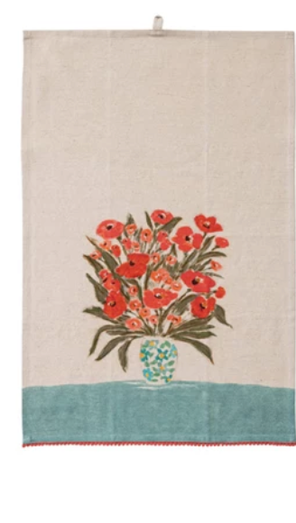 Cotton & Linen Printed Tea Towel w/ Flowers in Vase & Mini Pom Pom Trim