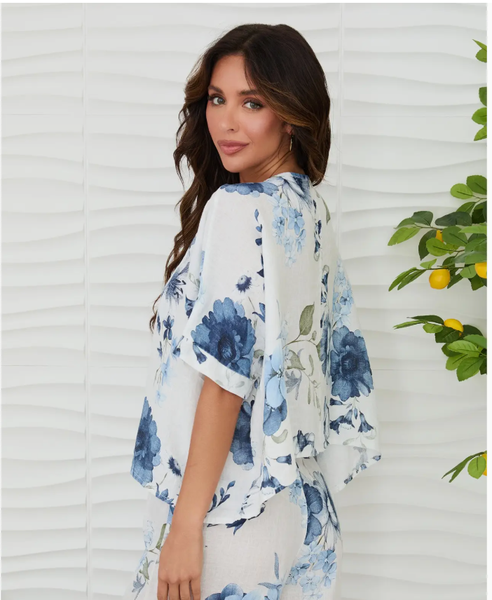 Gardenia Print Linen Dolman Sleeve Crop Top