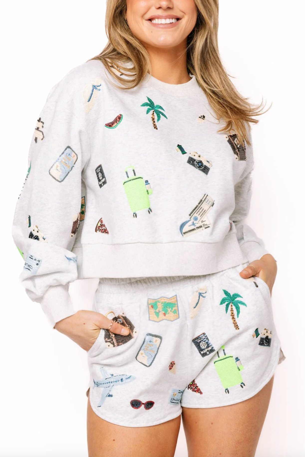 Queen of Sparkles Cropped Multi Travel Icon Sweatshirt
