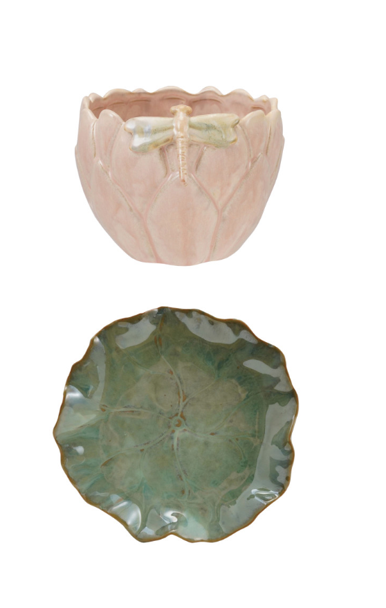 Stoneware Flower Shaped Planter & Saucer