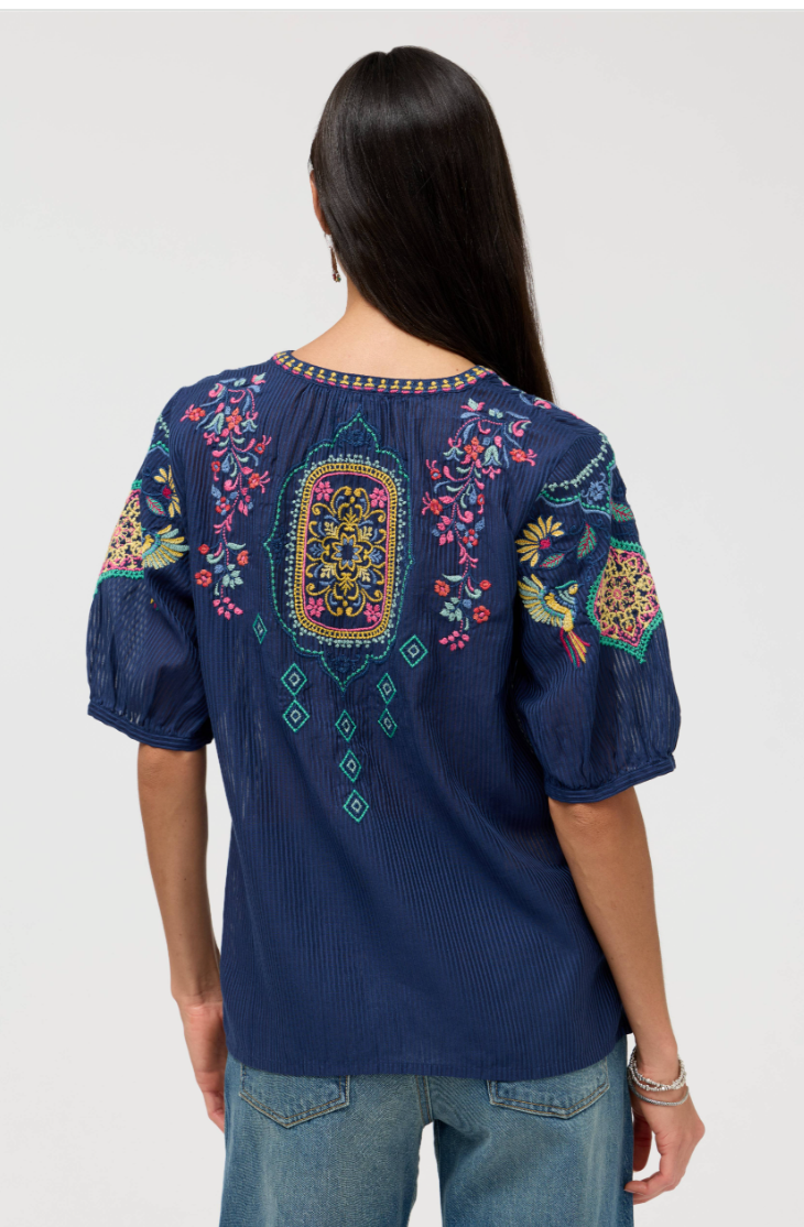 Johnny Was Margot Short Sleeve Blouse Blue Night