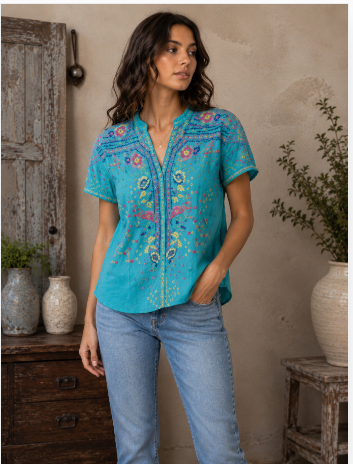 Johnny Was Audrey Short Sleeve Shirt-Ceramic Blue – Nikko Blu Boutique