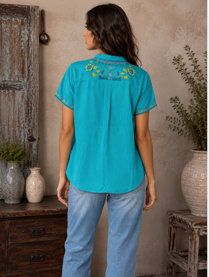 Johnny Was Audrey Short Sleeve Shirt-Ceramic Blue