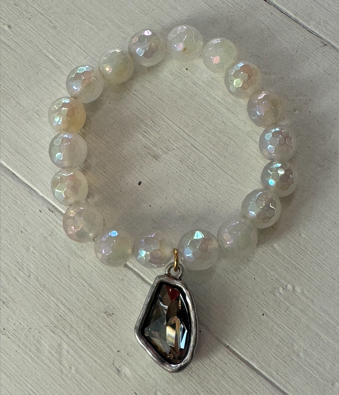 Coated Agate Bead Bracelet with Gunmetal Crystal Charm