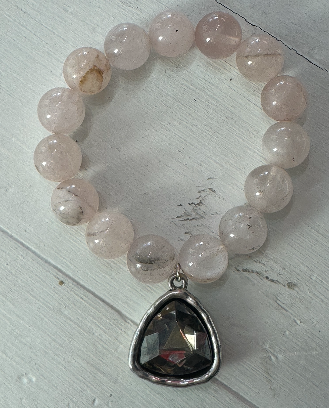 Strawberry Quartz Gemstone Bracelet with Silver-Plated Gunmetal Crystal Charm