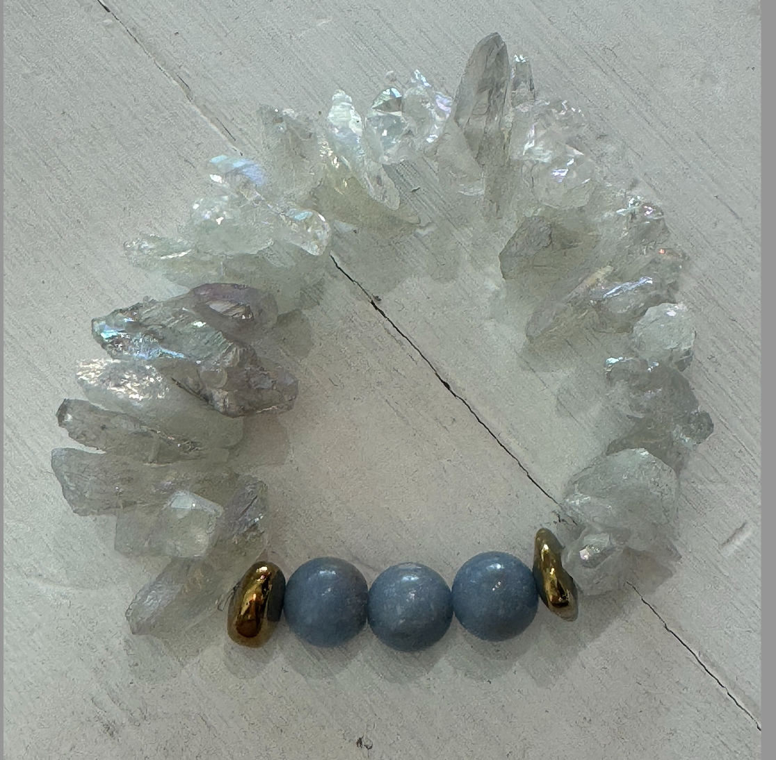 White Crystal Quartz Bracelet with Blue Jasper and Gold Hematite Accents