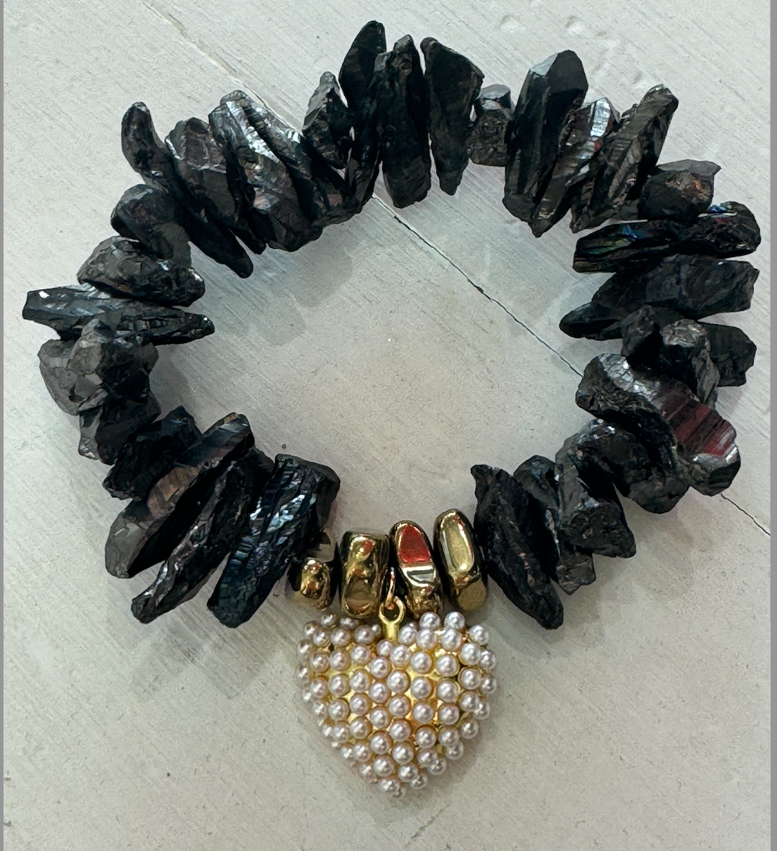Heart Breaker Black Quartz & Gold Heart Bracelet