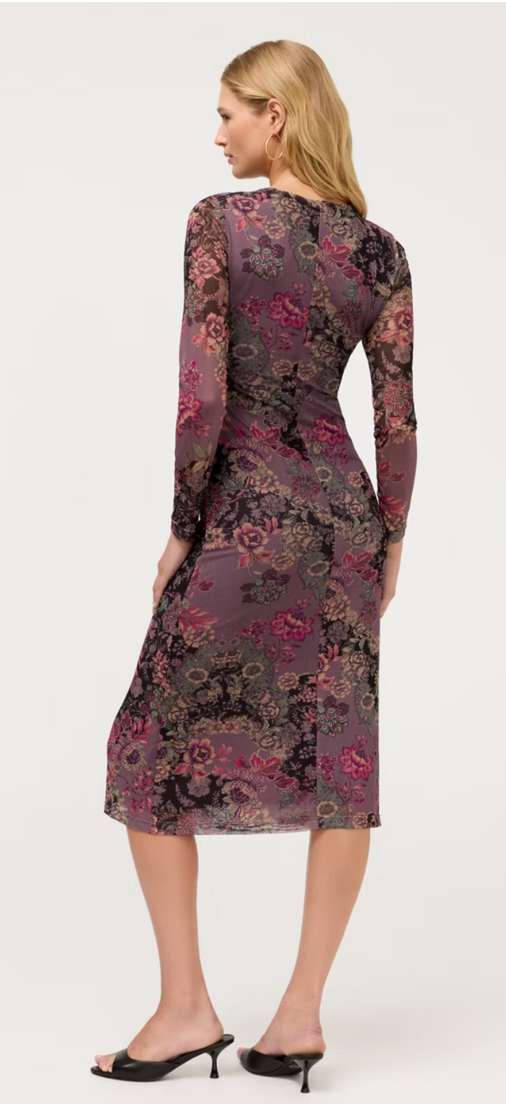 Johnny Was Long Sleeve Ruched Front Mesh Midi Dress