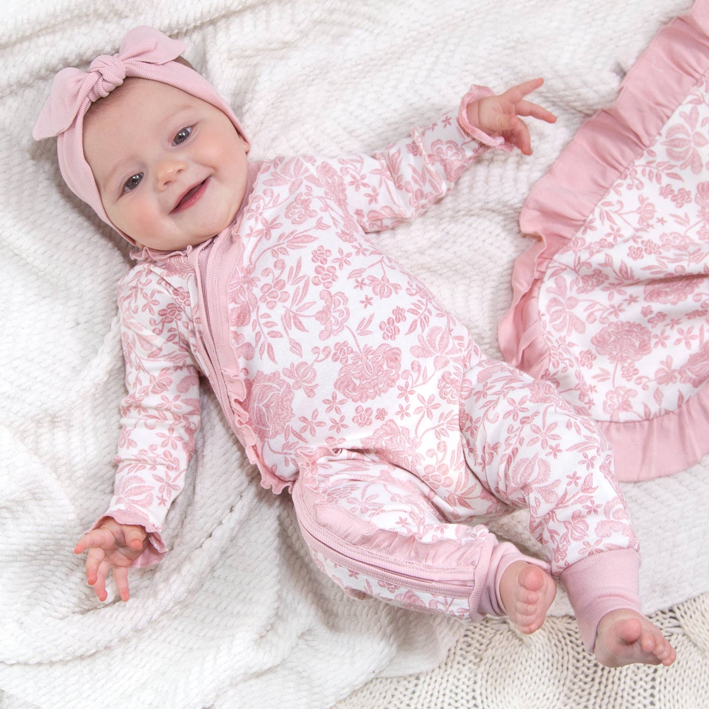 Pink Embroidery Zippered Cotton Floral Romper: 3M