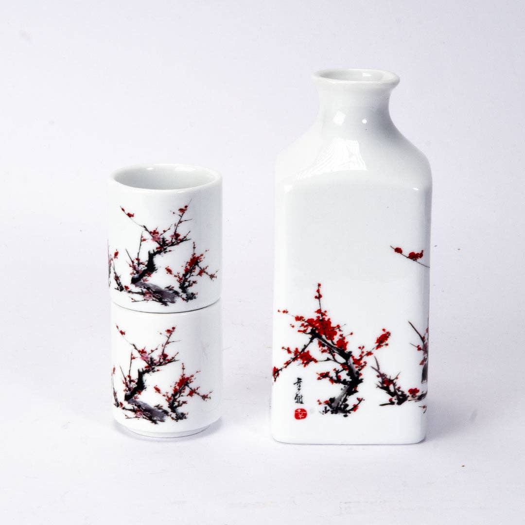 Cherry Blossom Porcelain Sake Gift Set with Bottle and 2 Cups