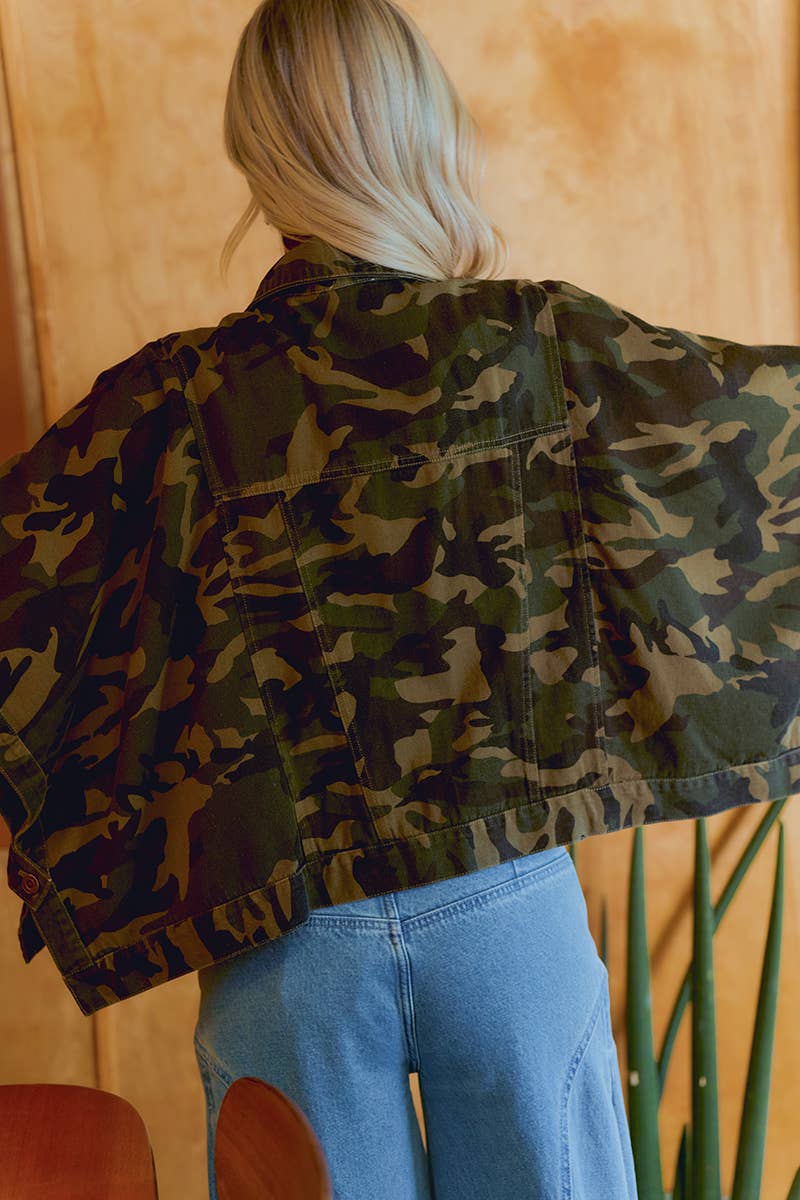 PREORDER WOMEN OVERSIZED CAPE SLEEVE DENIM TRUCKER JACKET: CAMOUFLAGE