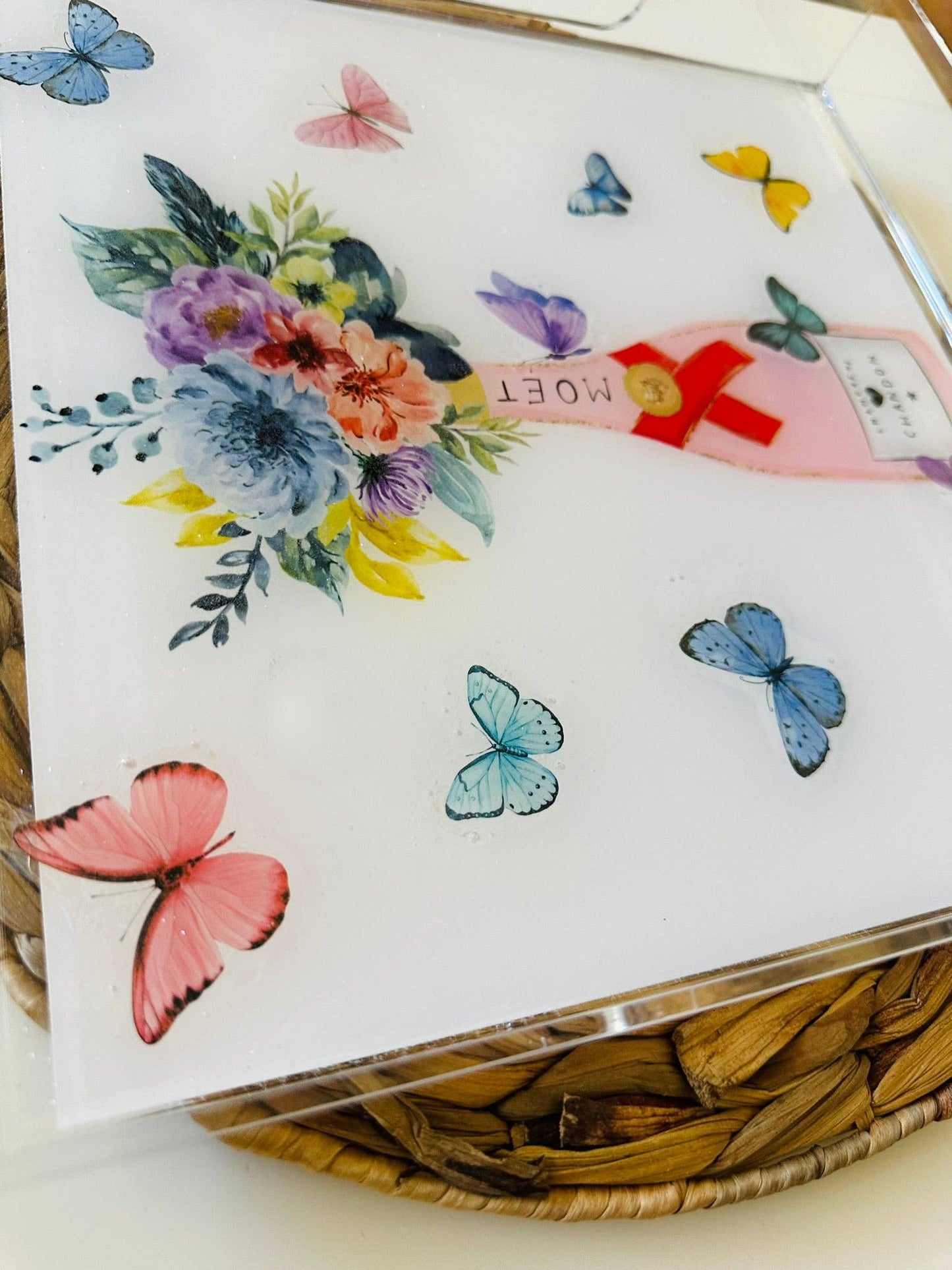 Watercolor Floral Champagne & Butterfly Tray