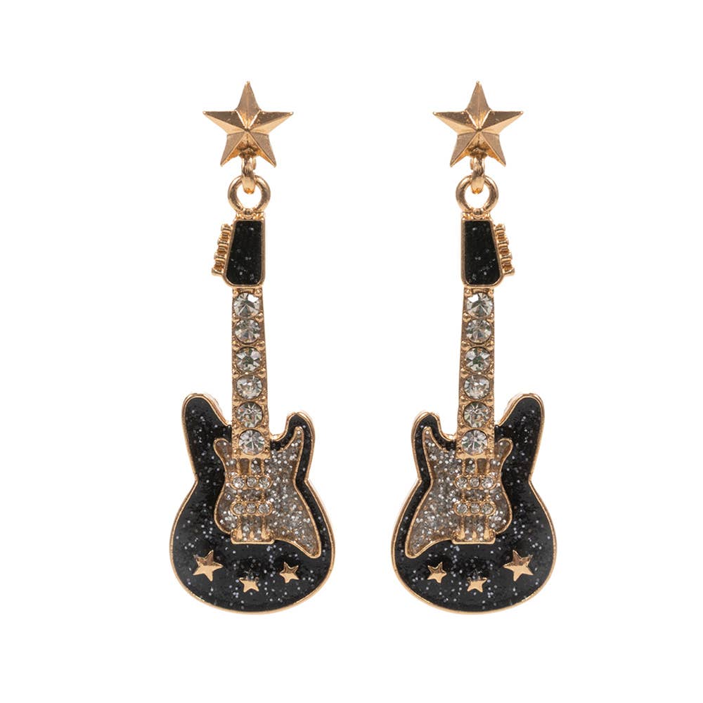 Stone Embellished Enamel Guitar Earrings: Black