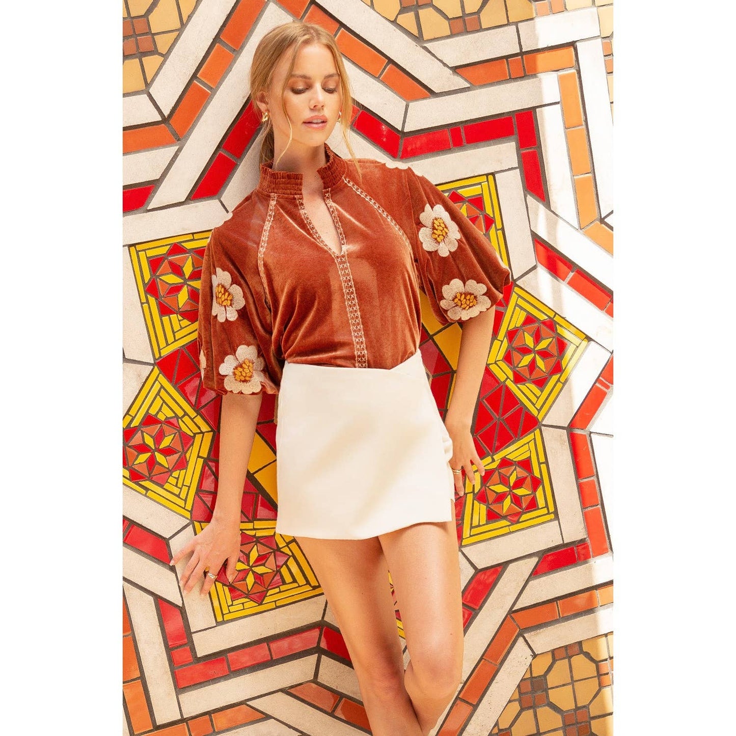 Embroidered Puff Sleeve Velvet Top: RUST