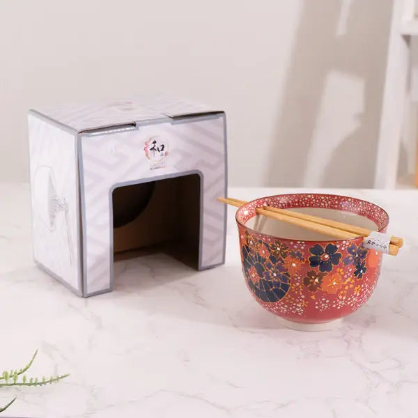 Floral Design 18oz 5.25"D Bowl With Chopsticks Set