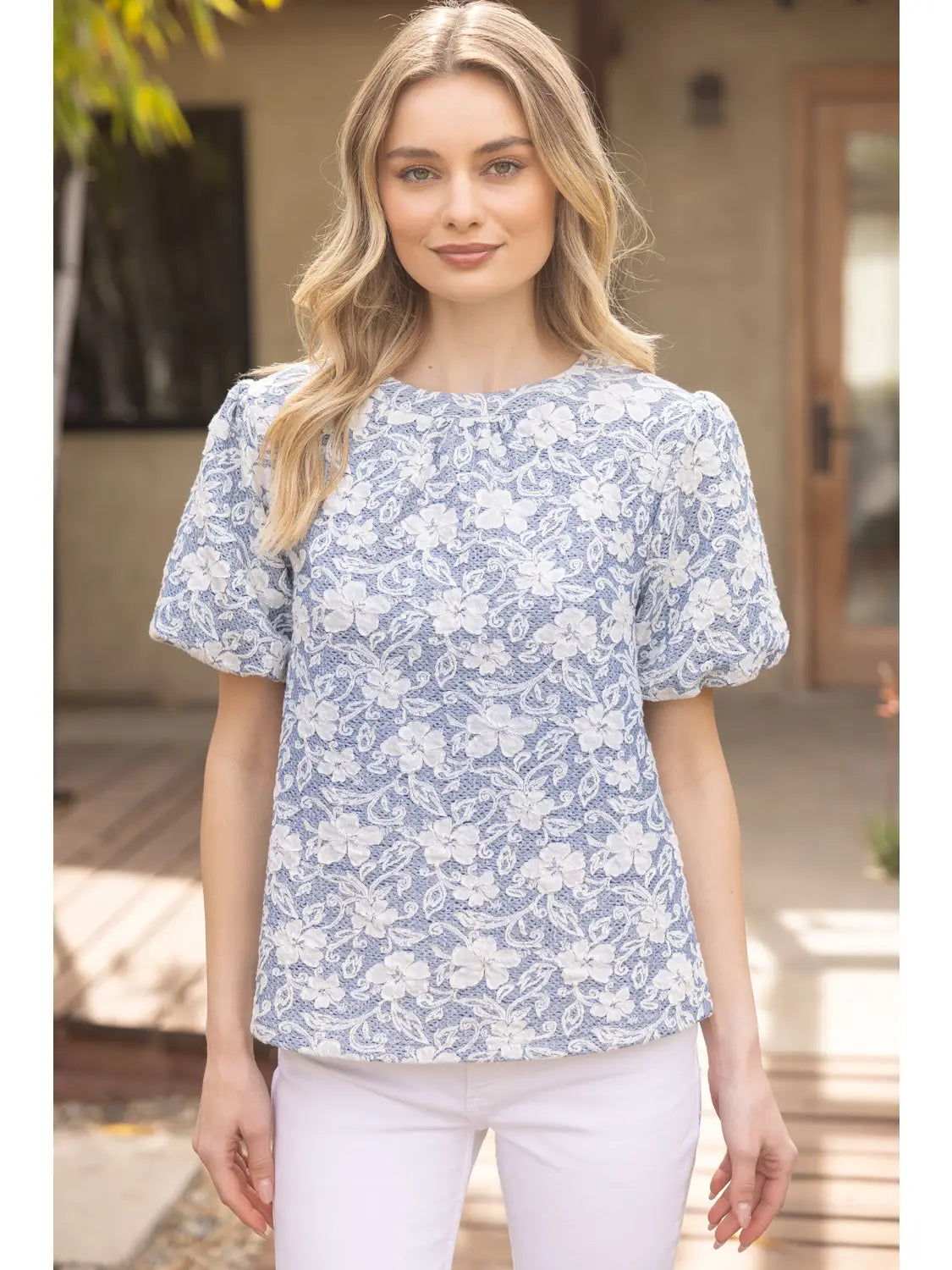 Bubble Short Sleeve Floral Textured Top