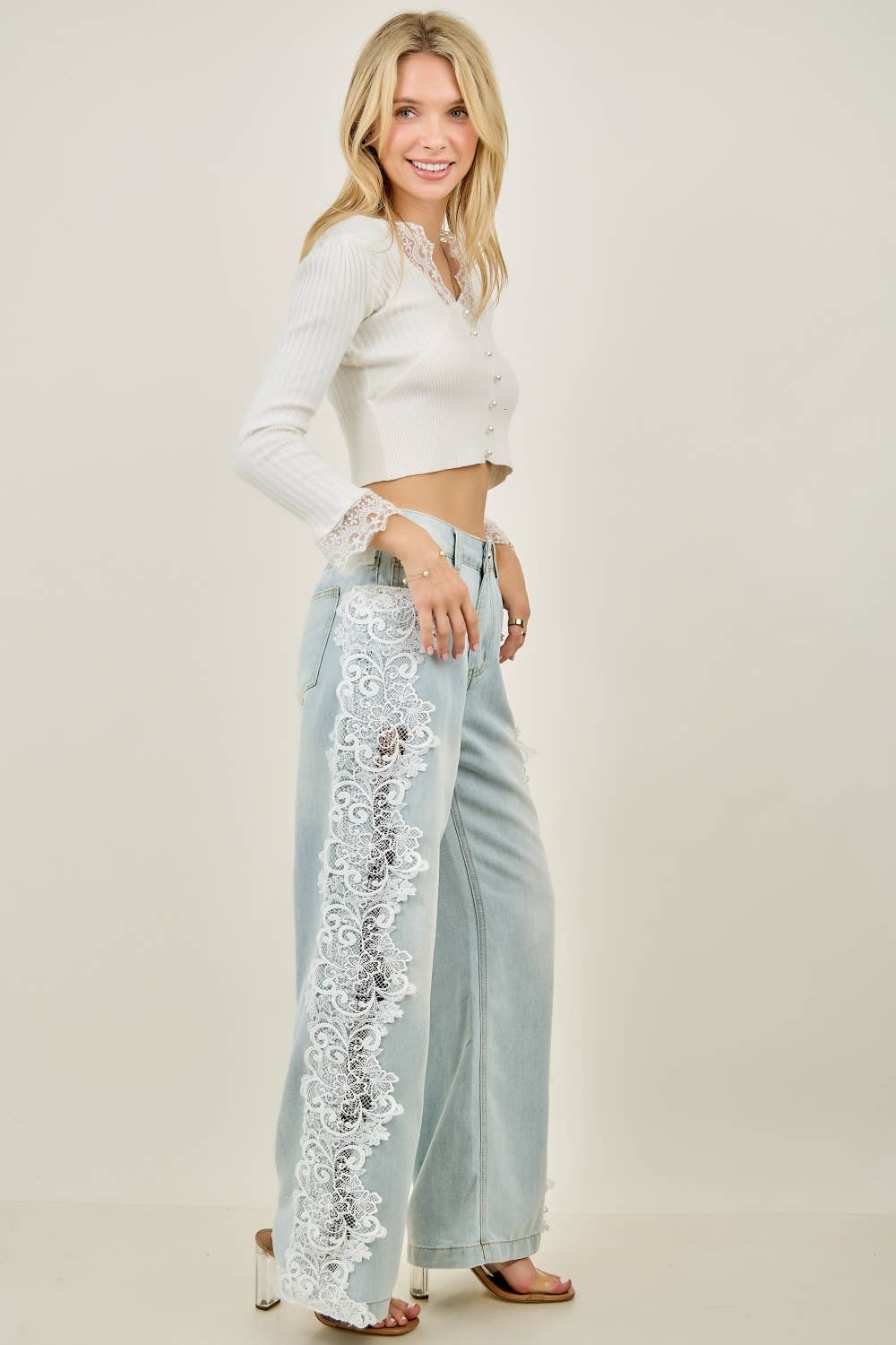 Preorder Floral Lace Side-Panel Wide-Leg Jeans | Denim/White