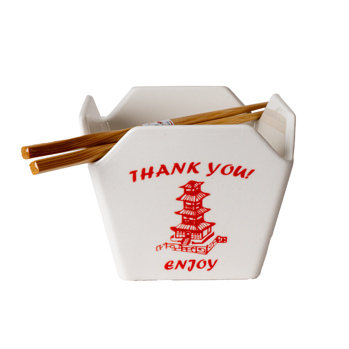 Pagoda Takeout Box Ceramic Serving Bowl with Chopsticks (16 oz)