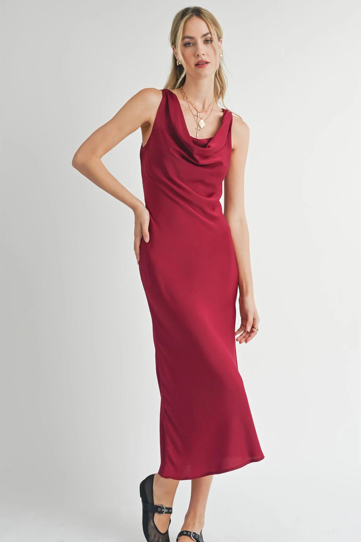 red silk cowl neck dress red bodycon maxi dress Alianna Cowl Neck Satin Maxi Dress