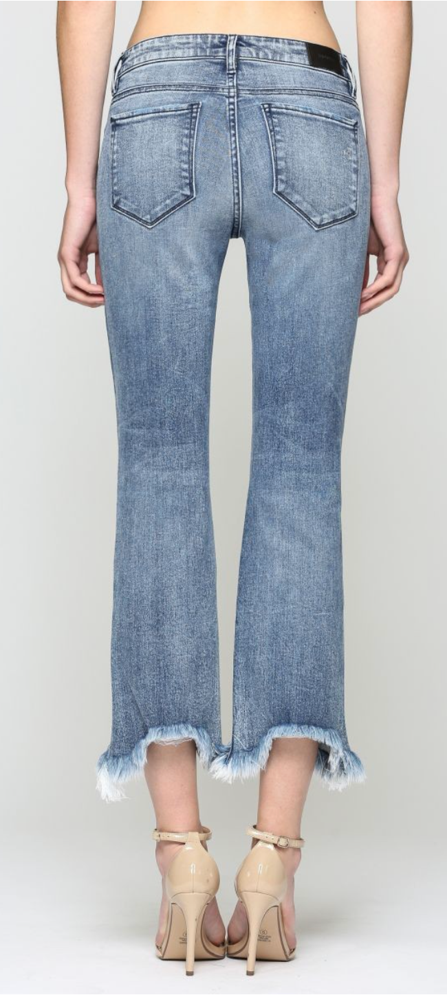 Medium Wash Grinded Frayed Cropped Flare