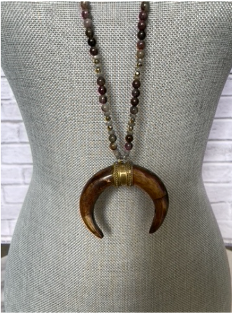 Multi Gemstone Beaded Necklace With Wooden Double Horn