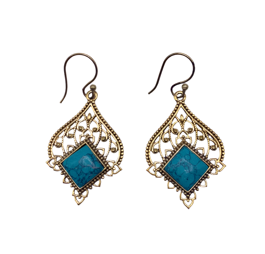 Brass Filigree Earrings With Turquoise Howlite Stones