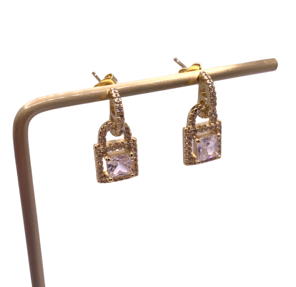 Gold Padlock with CZ's Drop Earrings