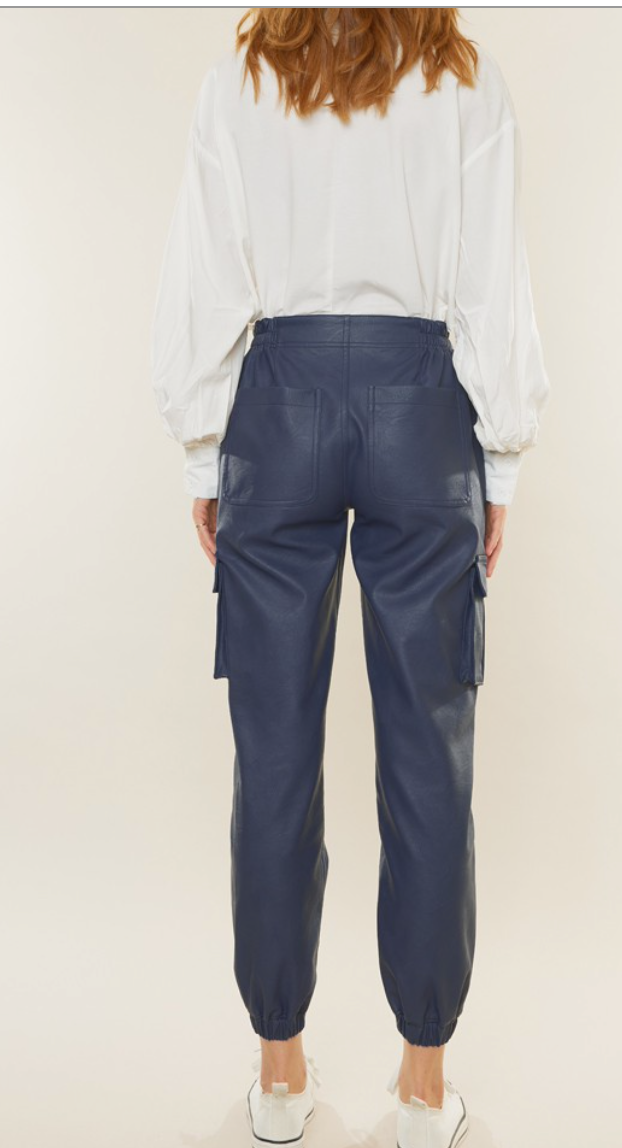 Navy PU High Rise Cargo Jogger