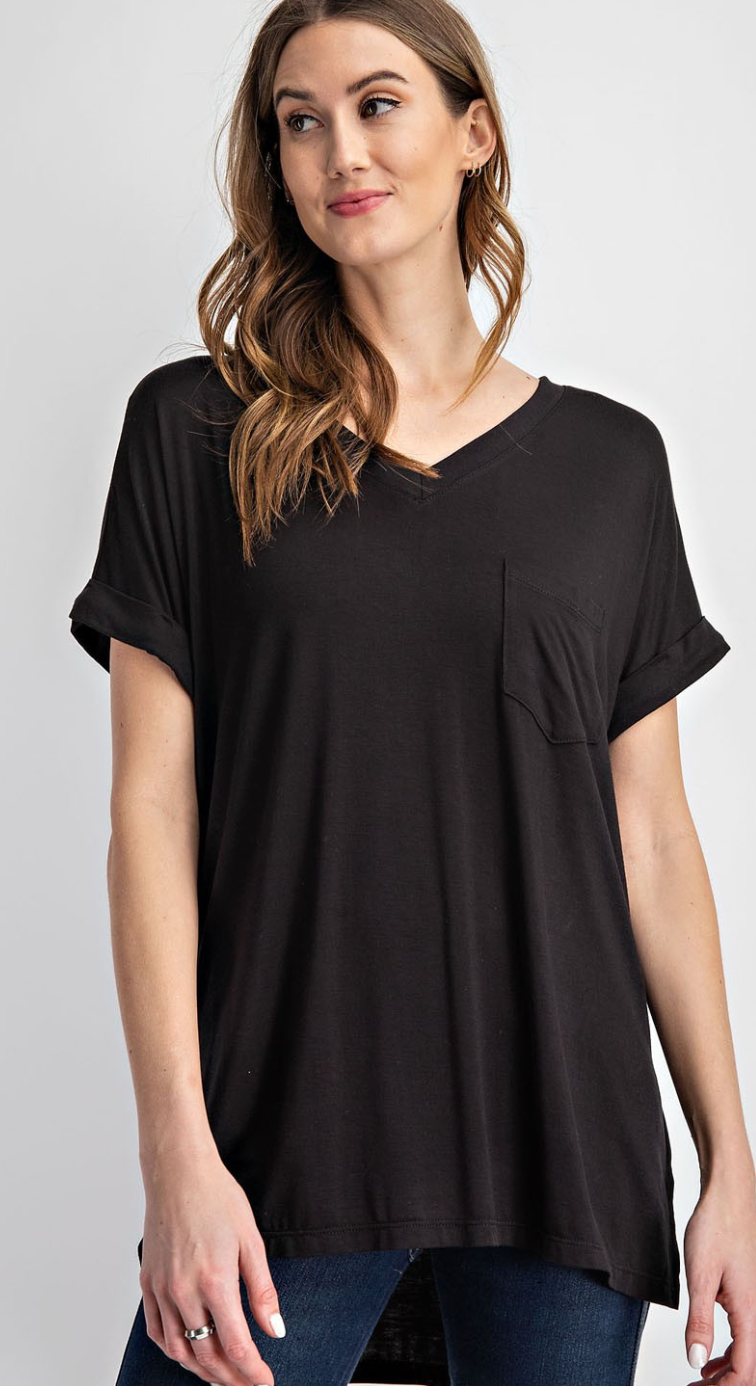 Butter Soft Black V Neck Short Sleeve Hi-Low hem