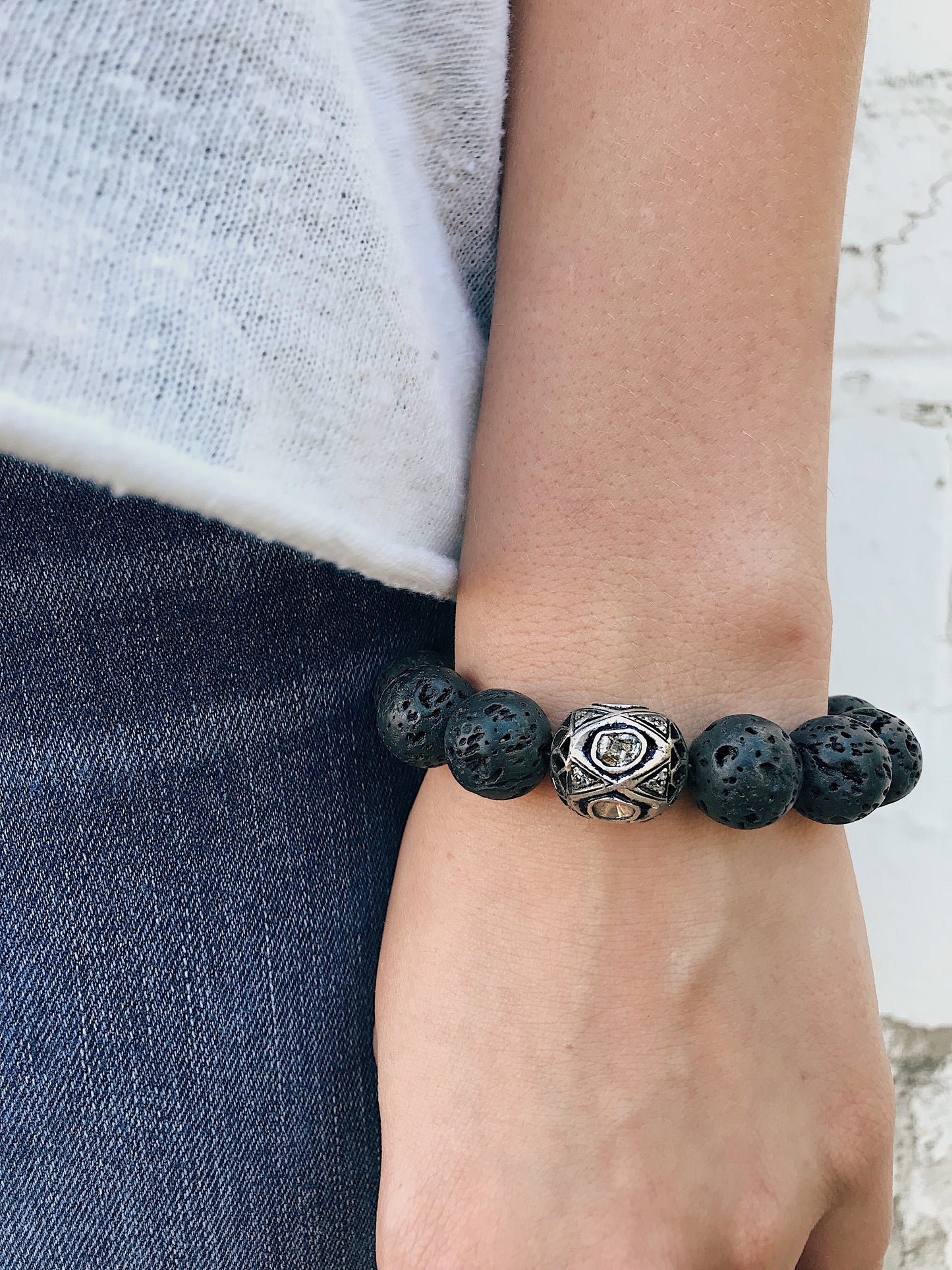 Diamond Connector on Lava Rock Bracelet
