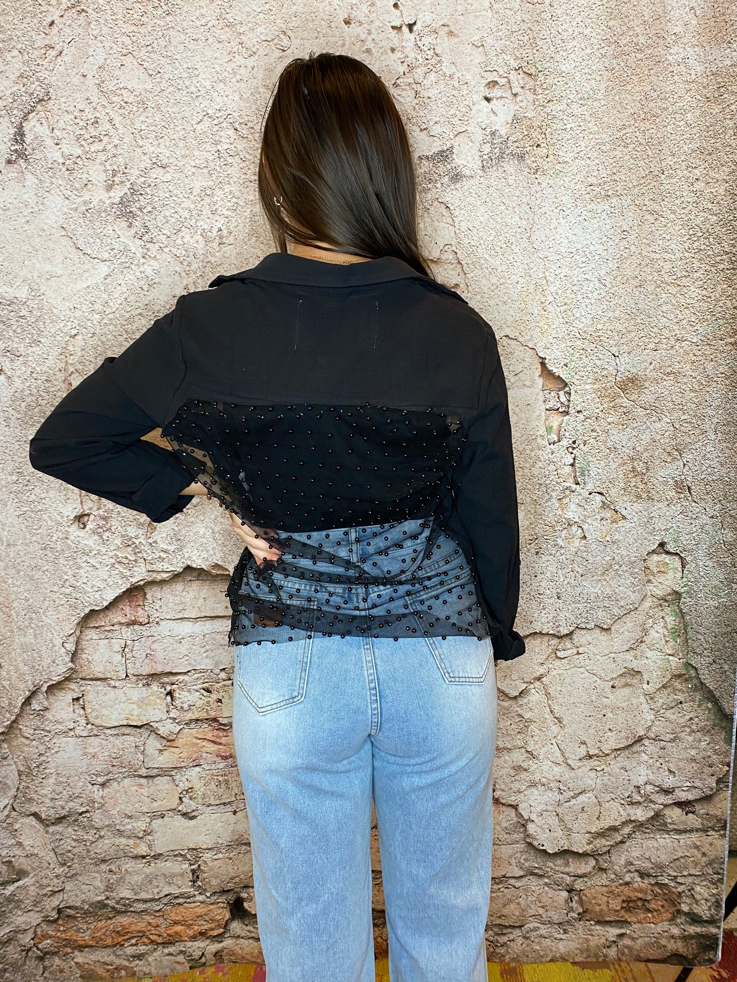 Black with Pearls Linen Shirt