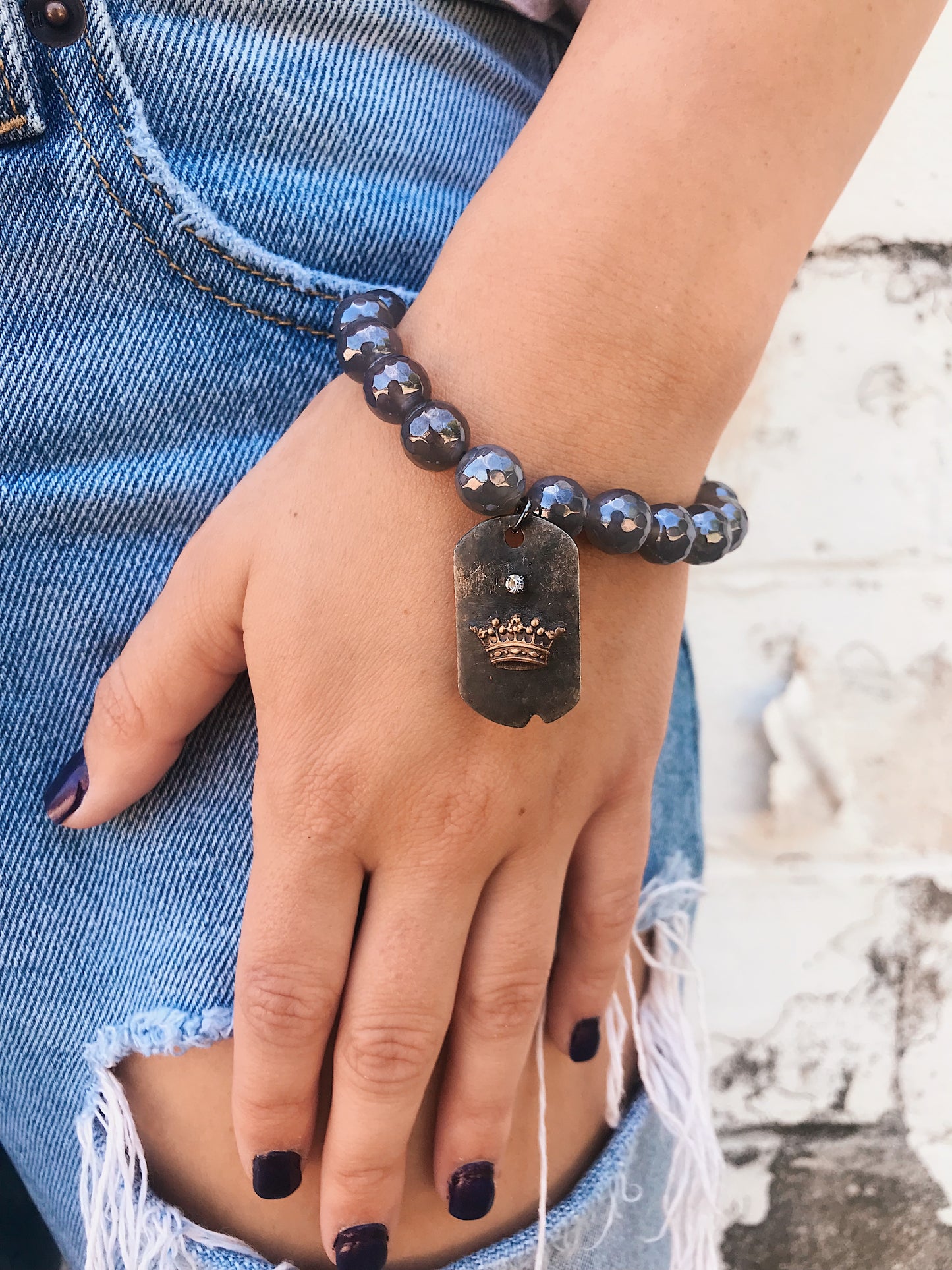 Coated Grey Agate Bracelet // Hand-Soldered Crown Charm