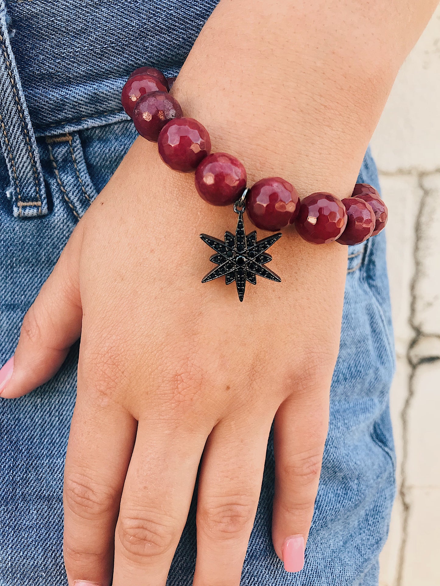 Red Jade Bracelet // CZ Star Charm