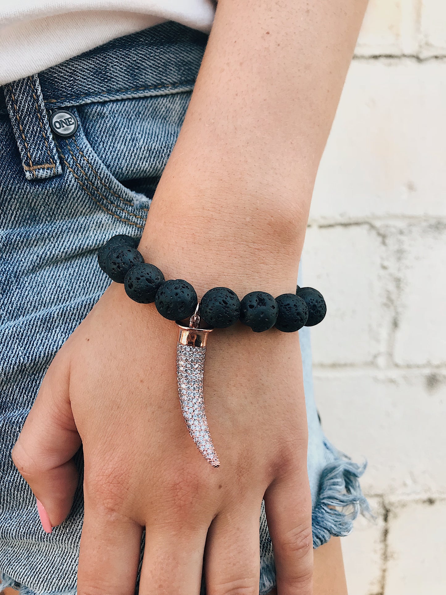 Lava Rock Bracelet // CZ Horn Charm