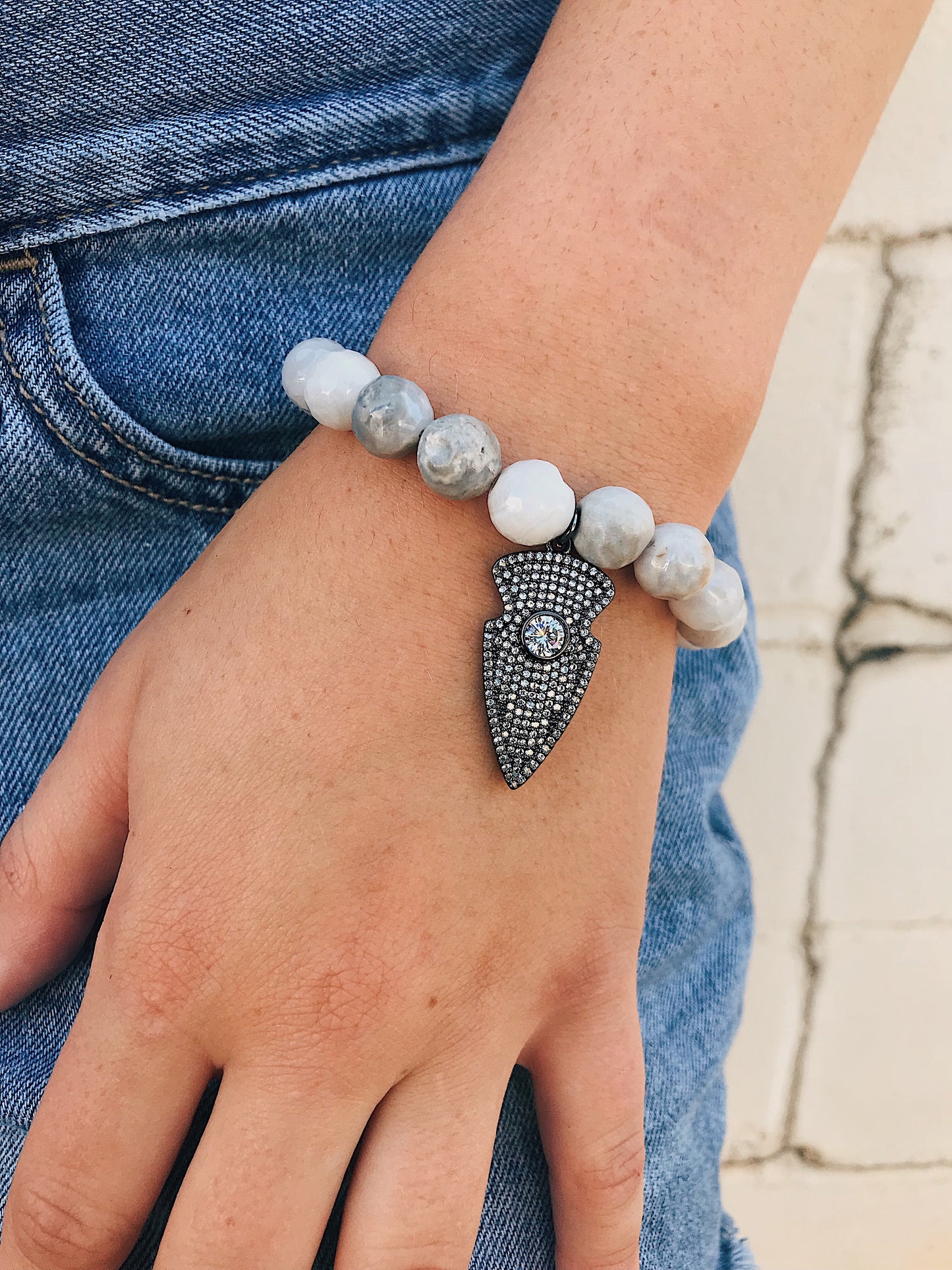 White Agate Bracelet // CZ Arrow Charm