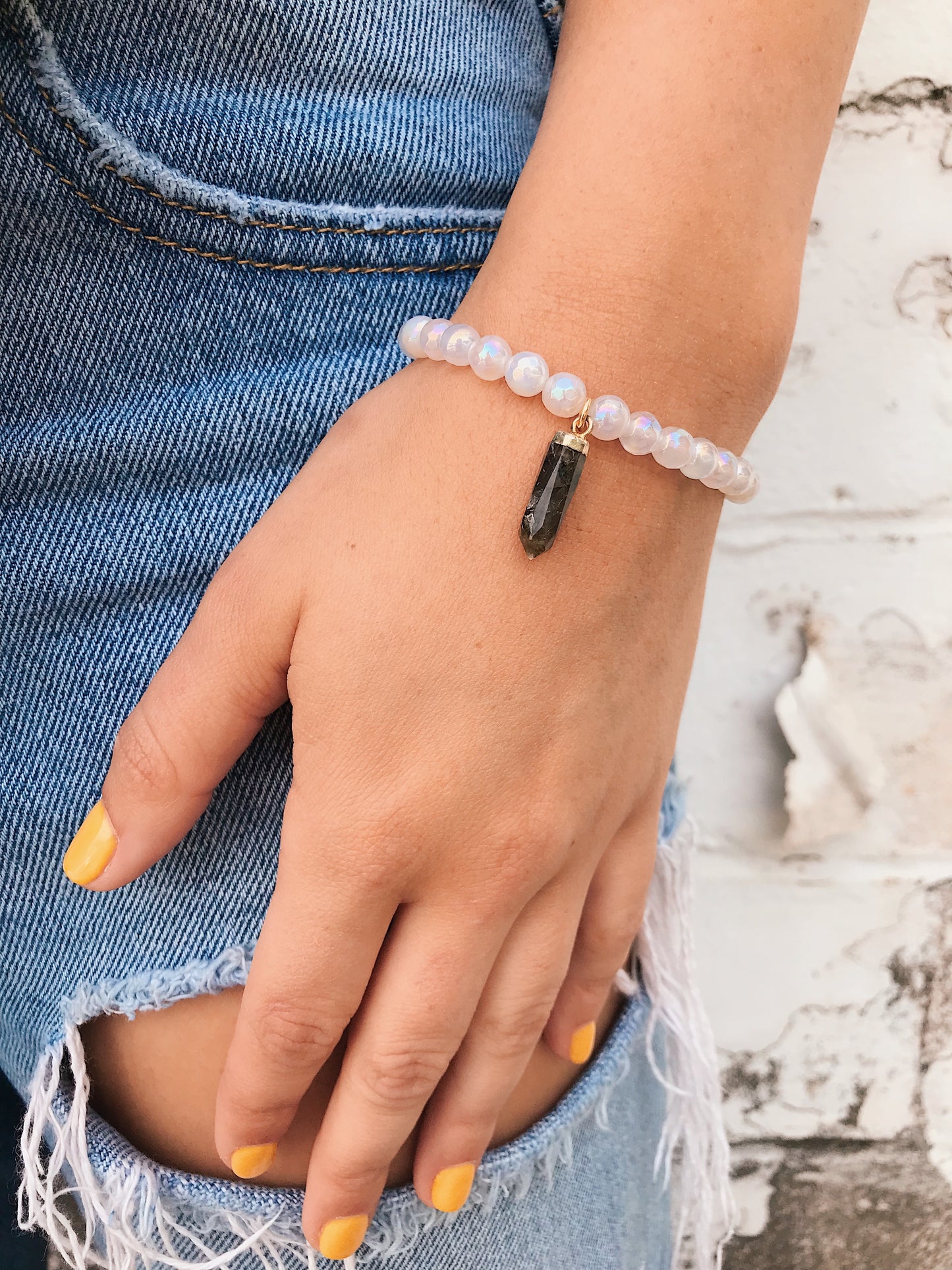 Rainbow Moonstone Bracelet // Gemstone Spike Charm