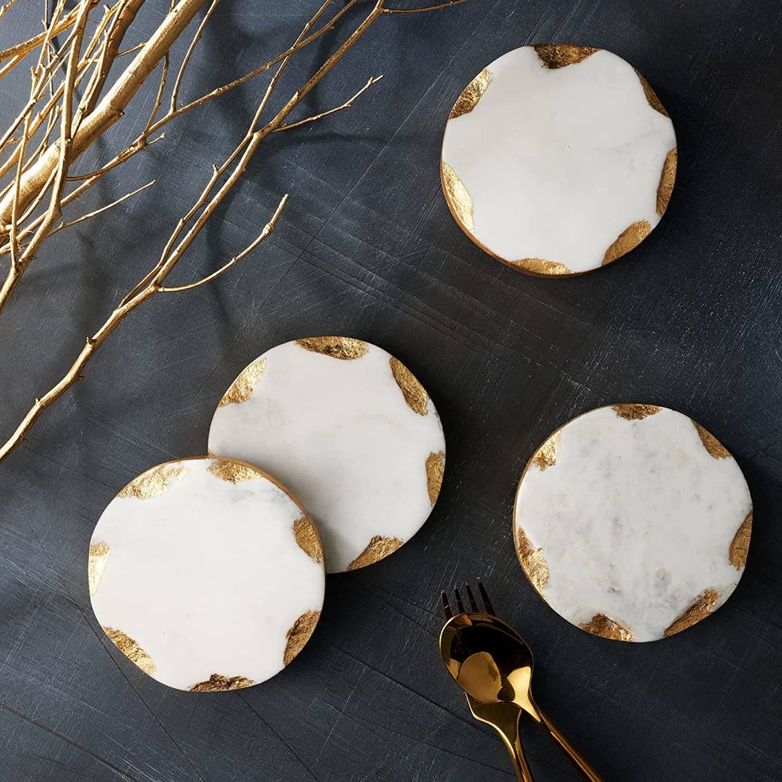 Set of Four Round Marble Coasters Gold Edge - Gift Guide: Marble