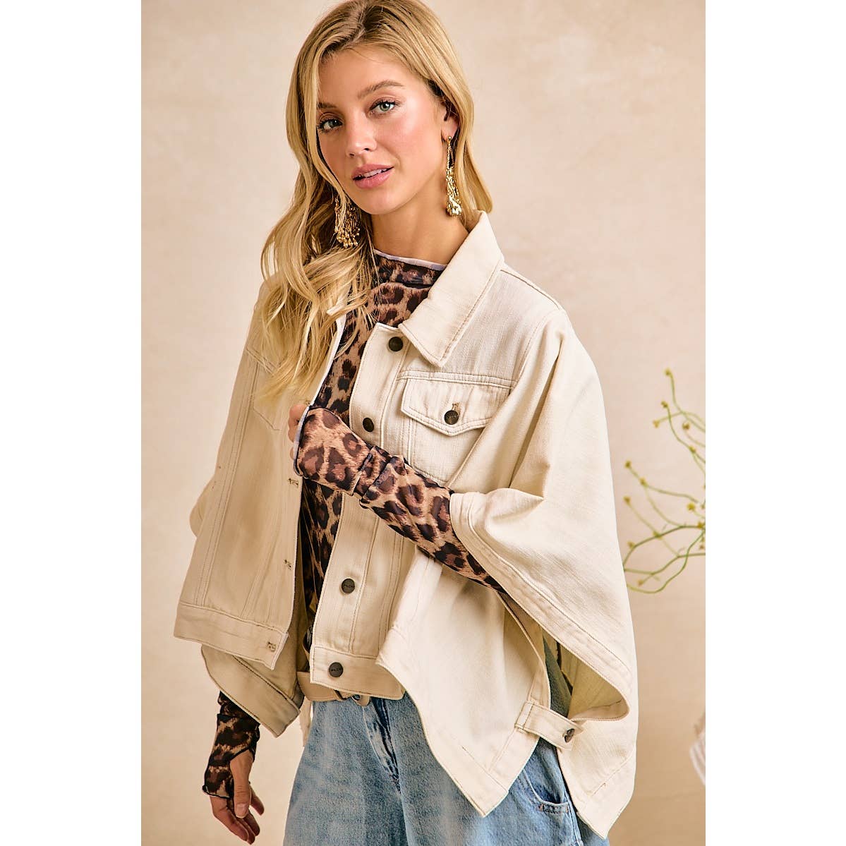 Preorder IVORY OVERSIZED CAPE SLEEVE CROPPED DENIM JACKET: IVORY