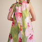 Mini Dress Ruffle Neck Tie Sleeveless Floral Print-Lime