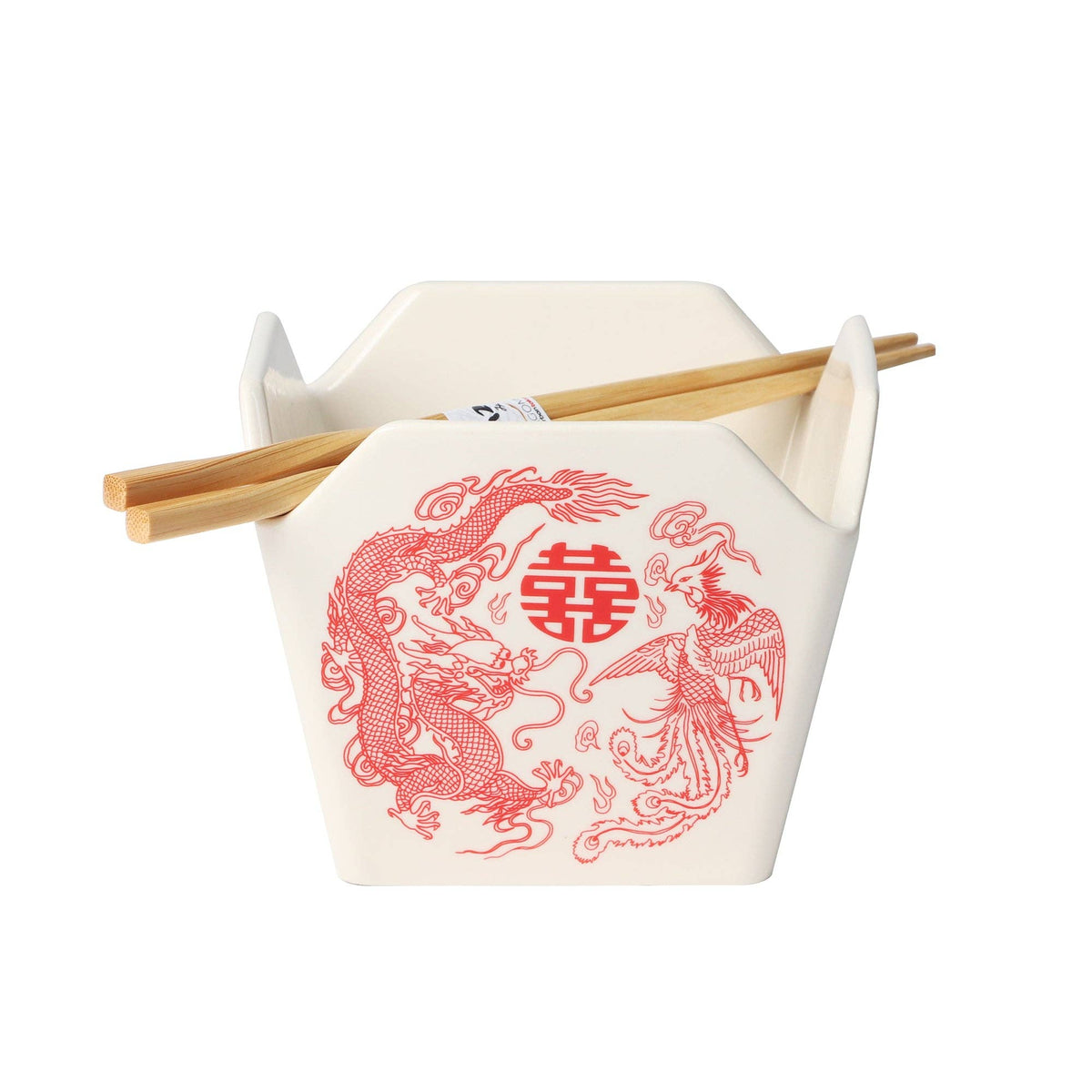 Phoenix Takeout Box Ceramic Serving Bowl with Chopsticks (16 oz)