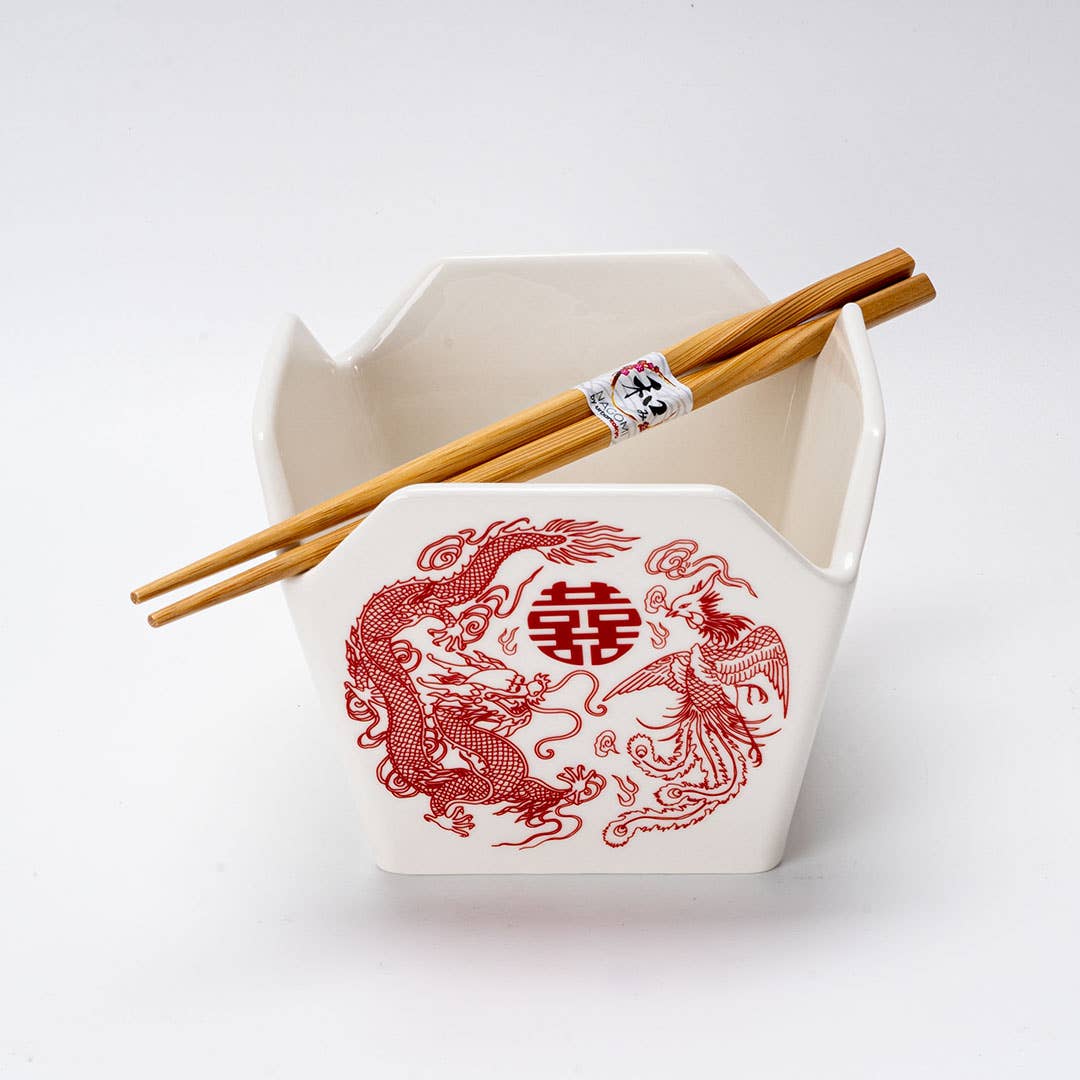 Phoenix Takeout Box Ceramic Serving Bowl with Chopsticks (16 oz)