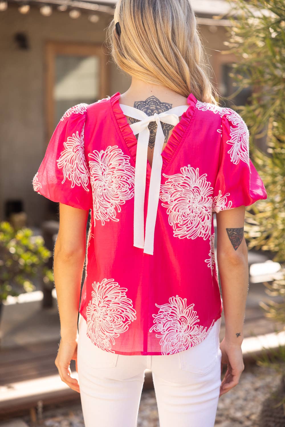 Floral Embroidered Bubble Sleeve  Top