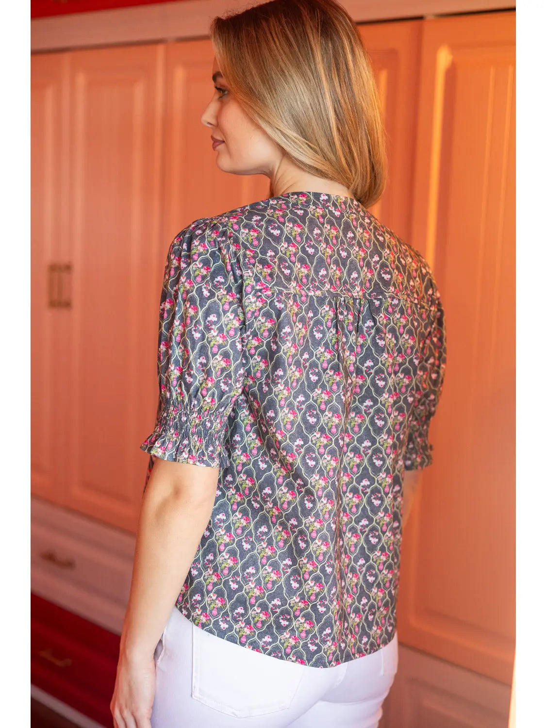 Smocked Short Puff Sleeve Floral Top