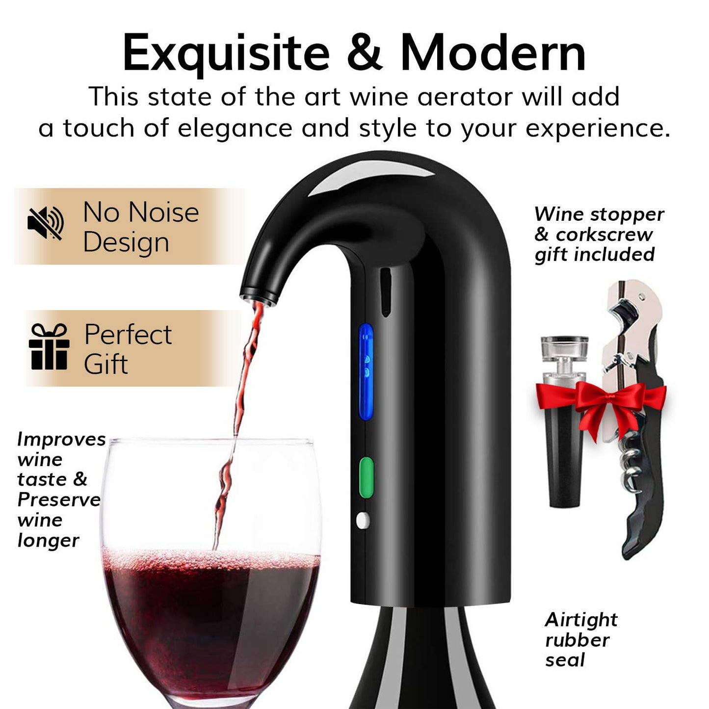 Electric Wine Aerator Dispenser - Portable Wine Accessory: Black