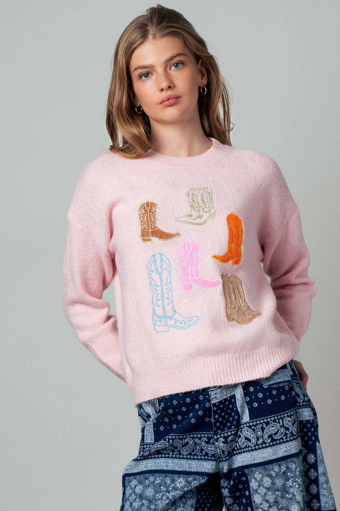 Western Embroidered Cowboy Boot Sweater