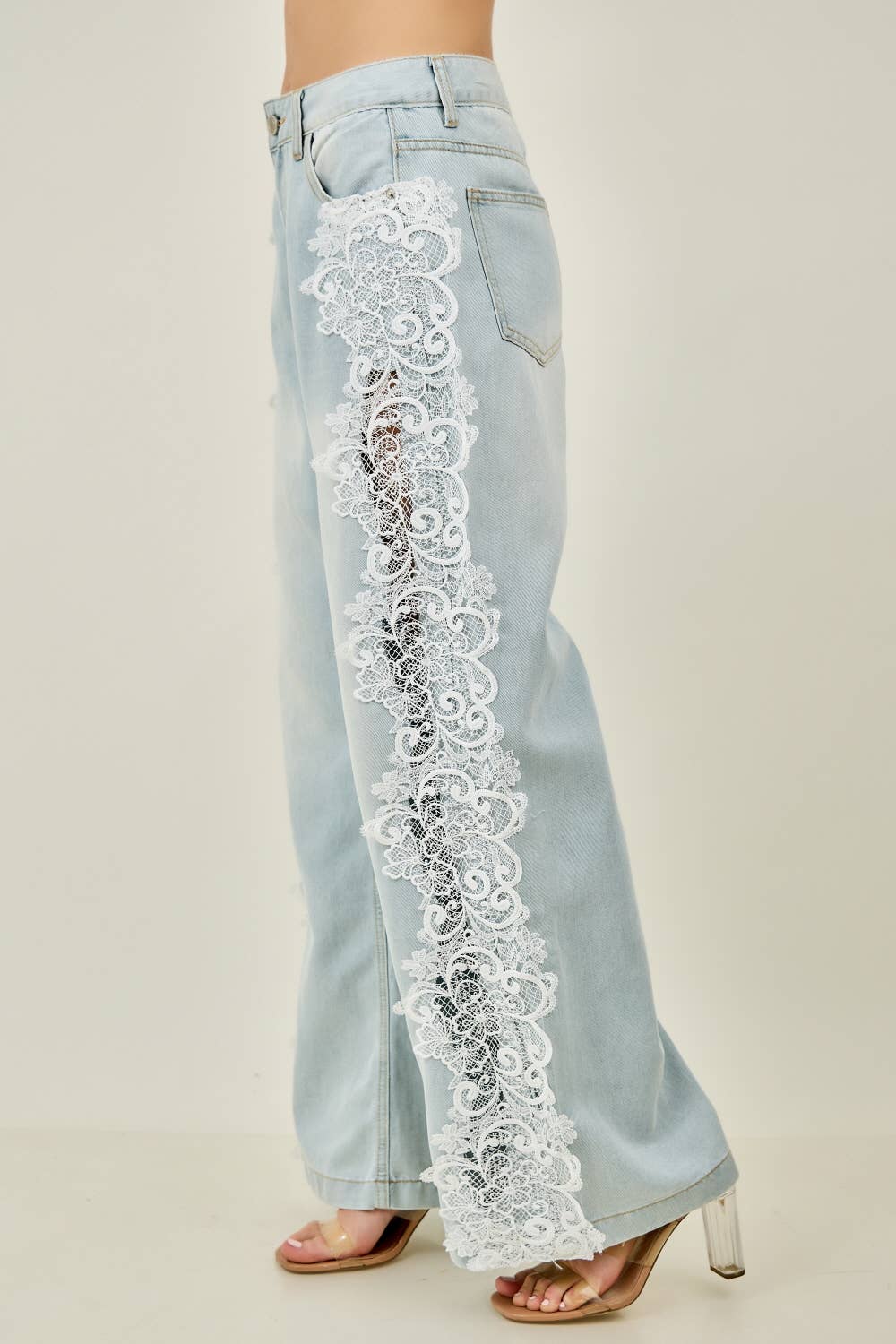Preorder Floral Lace Side-Panel Wide-Leg Jeans | Denim/White