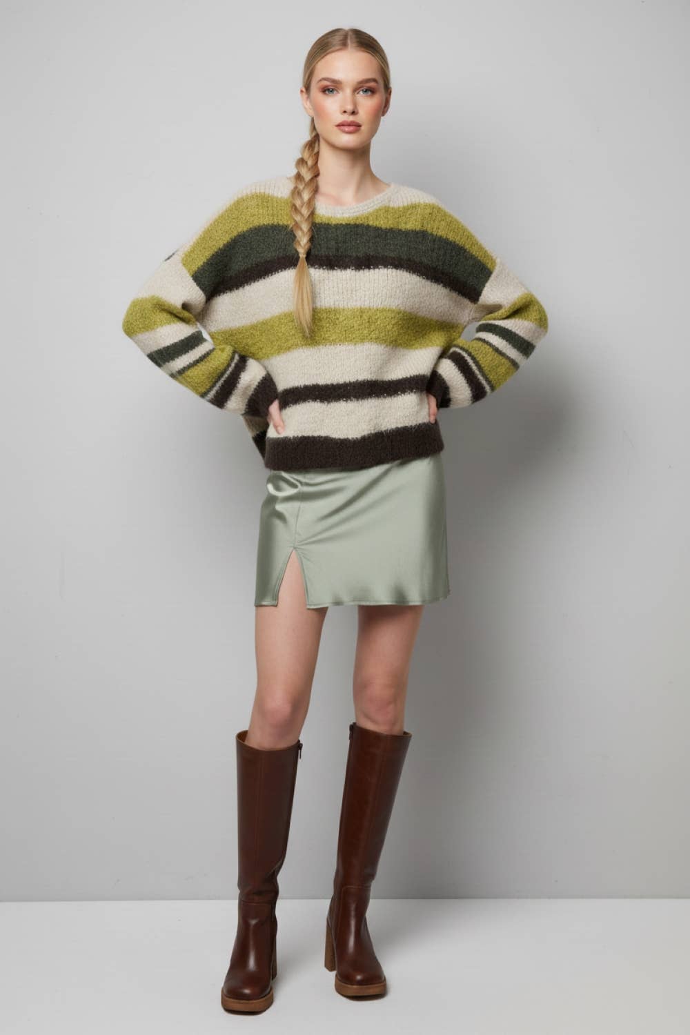 Brushed Stripe Knit Sweater in Multi Green